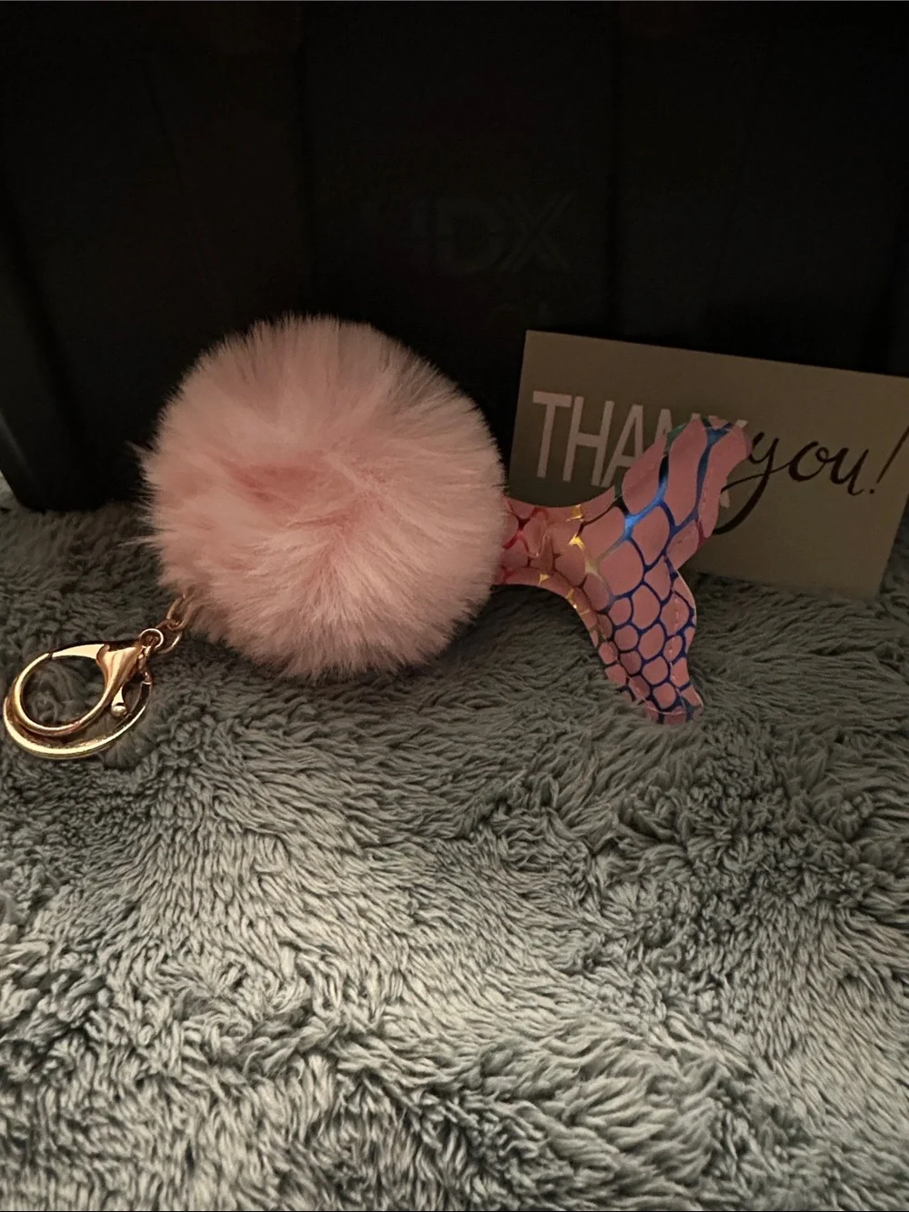 Pink Faux Fur Pom Pom Keychain with Iridescent Mermaid Tail